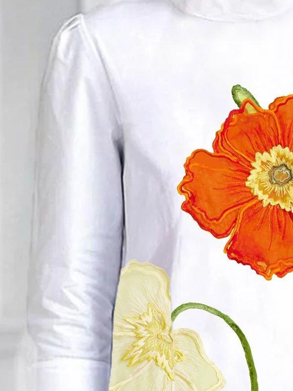 High-low Loose Flower Print Split-Joint Stand Collar T-Shirts Tops Product Image