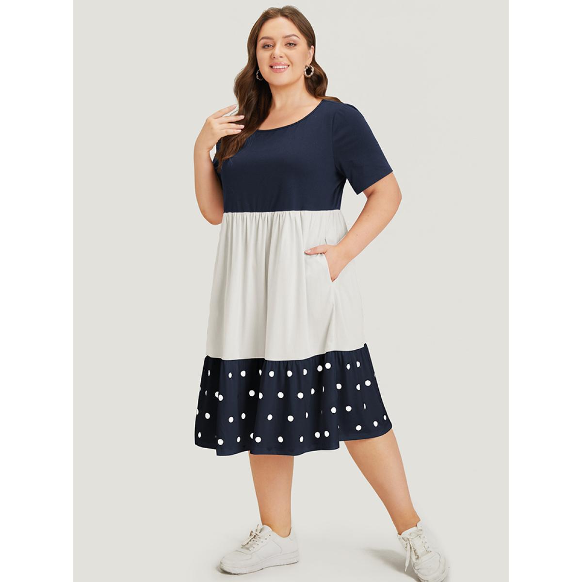 Plus Size Colorblock Contrast Pocket Ruffles Patchwork Polka Dot Dress Navy Women Casual Contrast Round Neck Short sleeve Curvy Midi Dress BloomChic 26/4X Product Image