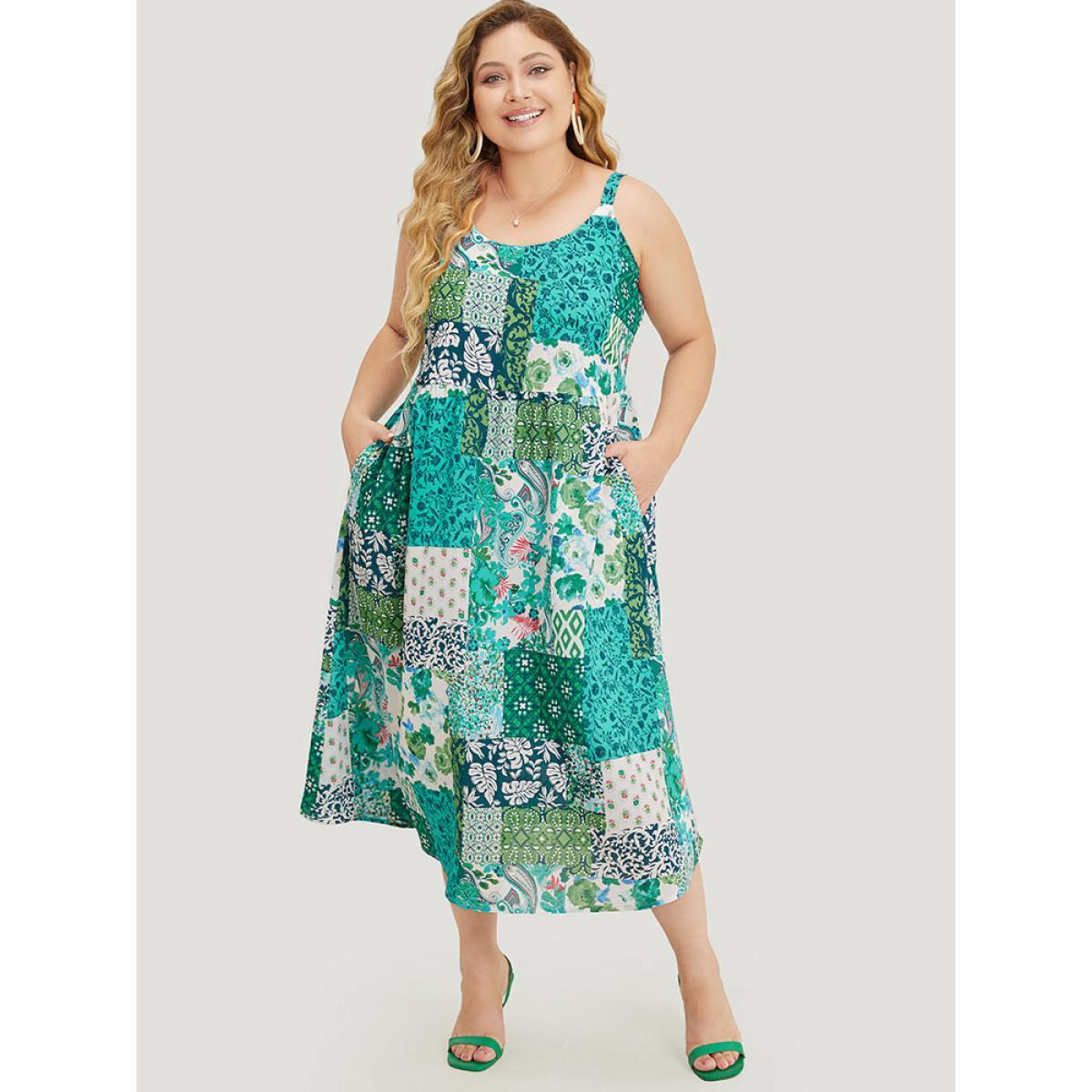 Plus Size Pixel Flower Pocket Ruffle Hem Cami Dress Multicolor Women Vacation Adjustable Straps Spaghetti Strap Sleeveless Curvy Midi Dress BloomChic 22-24/3X Product Image