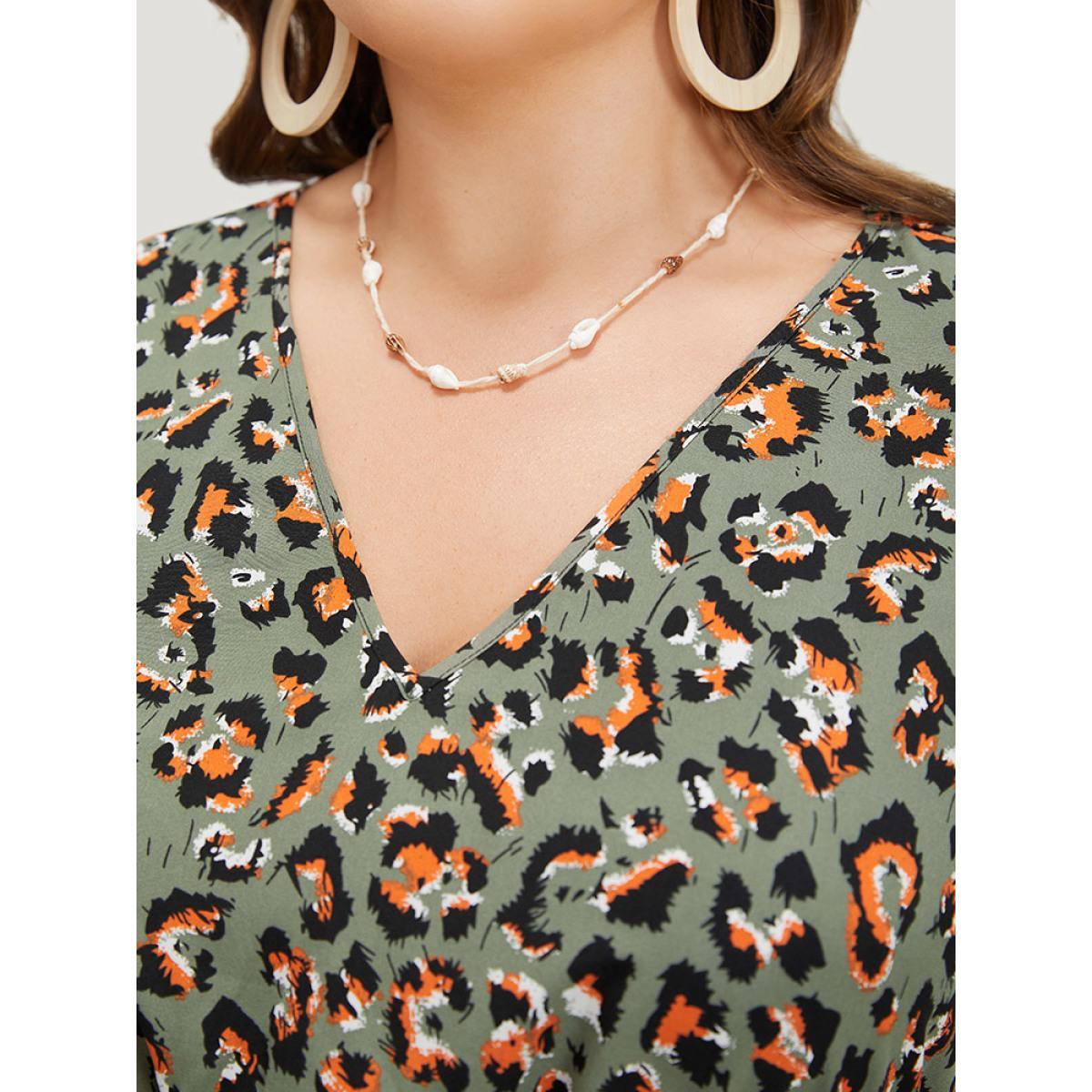 Plus Size Colour Leopard Print Belted Ruffle Hem Pocket Dress ArmyGreen Women Elegant Gathered V-neck Short sleeve Curvy Knee Dress BloomChic 14-16/1X Product Image
