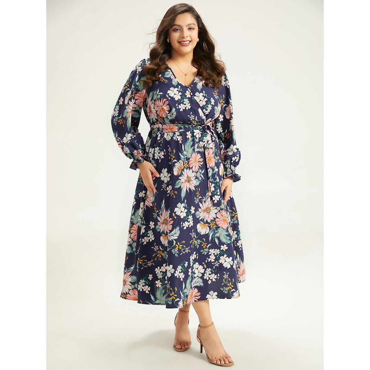 Plus Size Floral Print Overlap Collar Shirred Dress DarkBlue Women Elegant Belted V-neck Long Sleeve Curvy Midi Dress BloomChic 22-24/3X Product Image