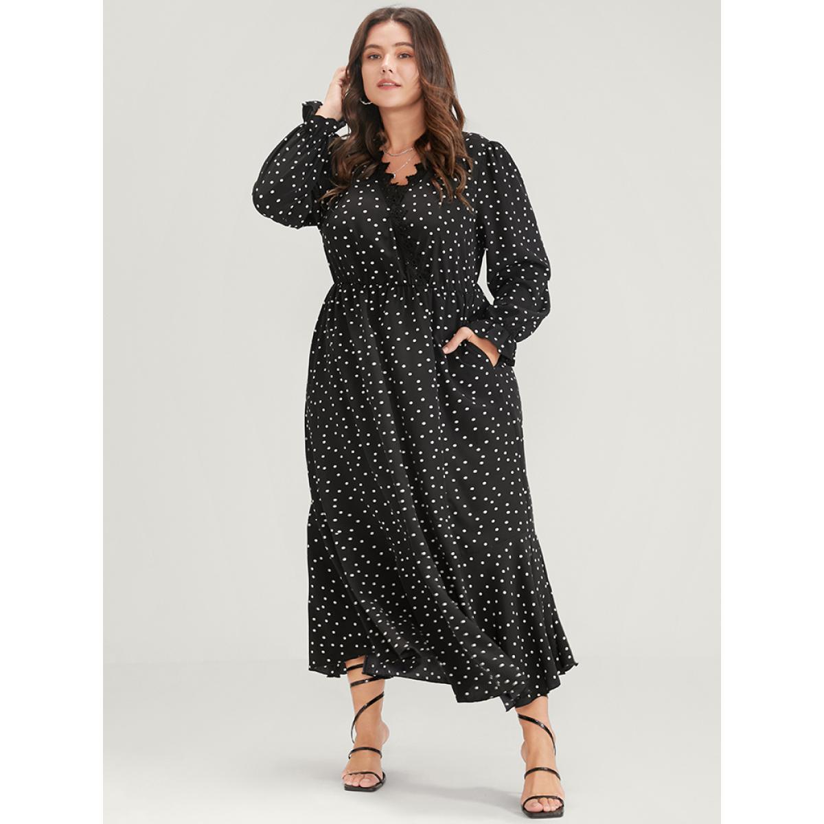 Plus Size Polka Dot Pocket Contrast Lace Split Hem Dress Black Women Elegant Patchwork V-neck Long Sleeve Curvy Long Dress BloomChic 12/L Product Image