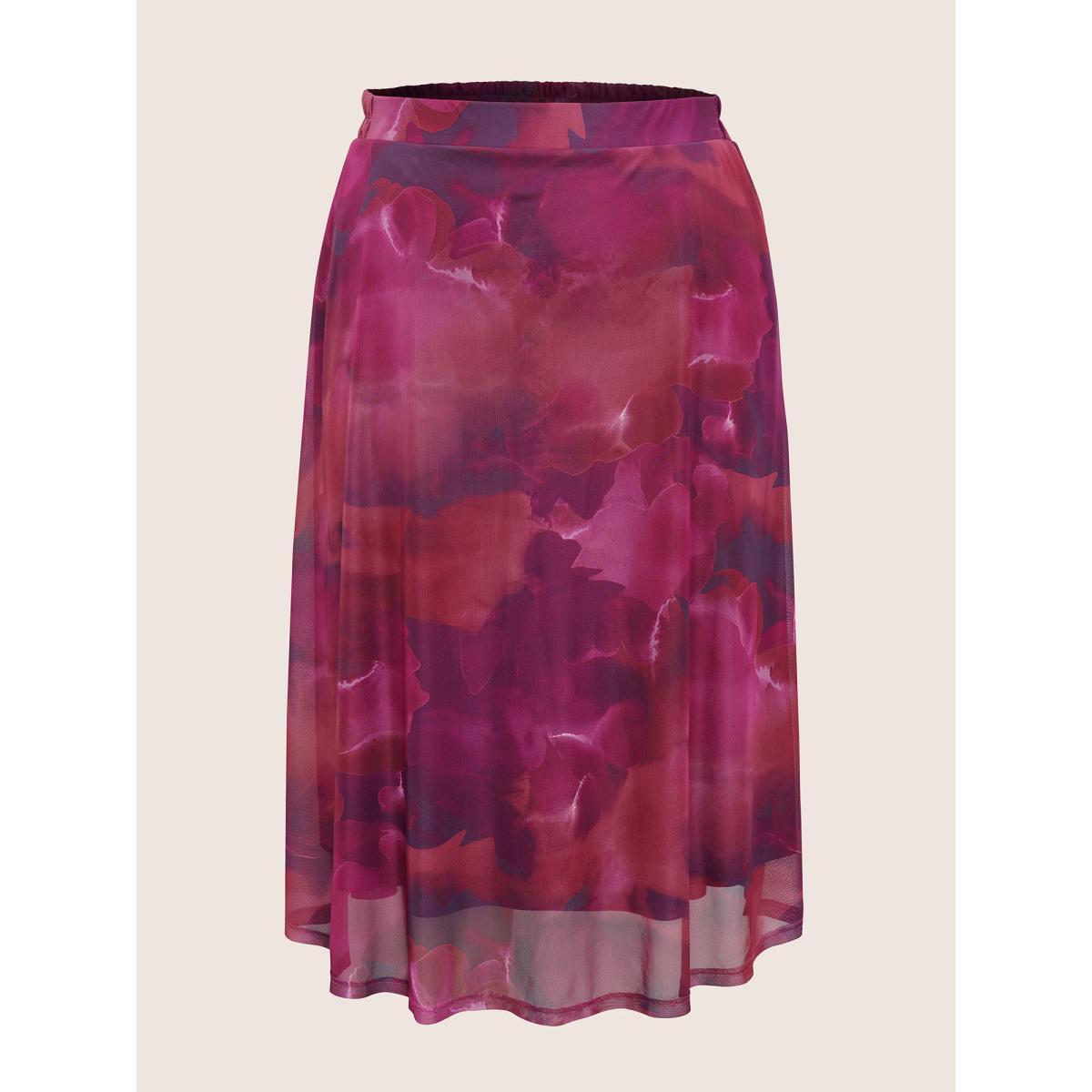 Plus Size Pixel Flower Elastic Waist Patchwork Mesh Skirt Women RedViolet Elegant Non Low stretch Slanted pocket Everyday Skirts BloomChic 10/M Product Image