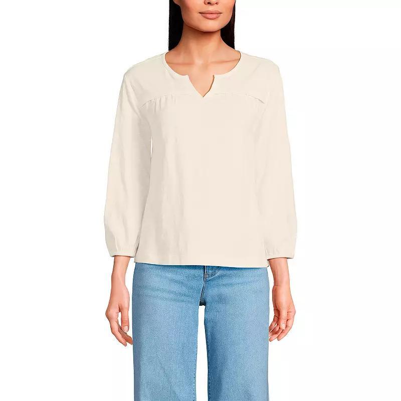 Women's Lands' End 3/4 Sleeve Slub Notch Neck Top, Size: Large, White Green Stripe Product Image