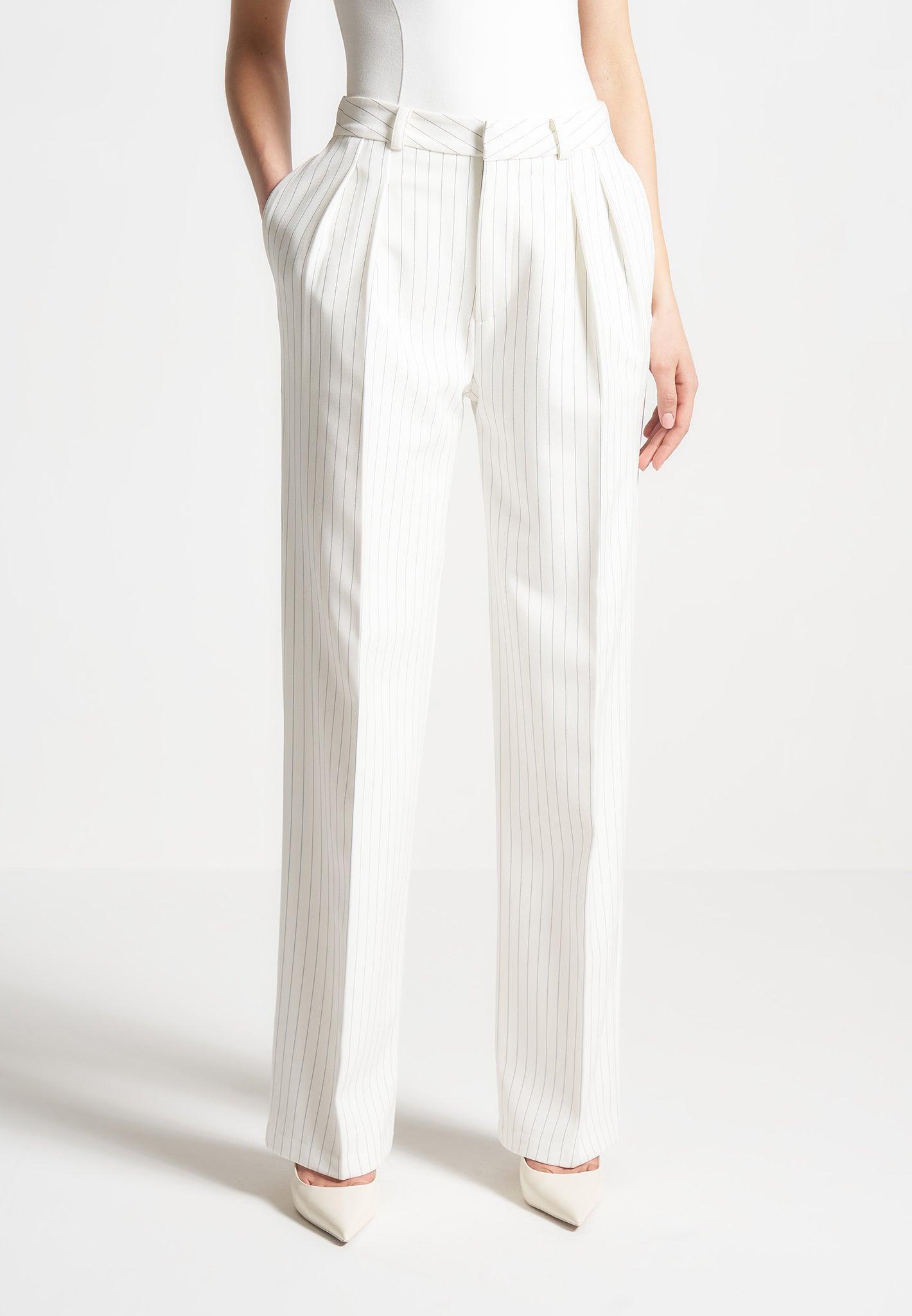 Julie - Pinstripe Twin Pleat Tailored Trousers - White Female Product Image