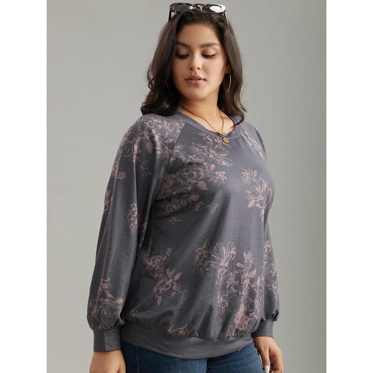Plus Size Floral Print Round Neck Raglan Sleeve Sweatshirt Women Gray Elegant Heather Round Neck Dailywear Sweatshirts BloomChic 28/5X Product Image