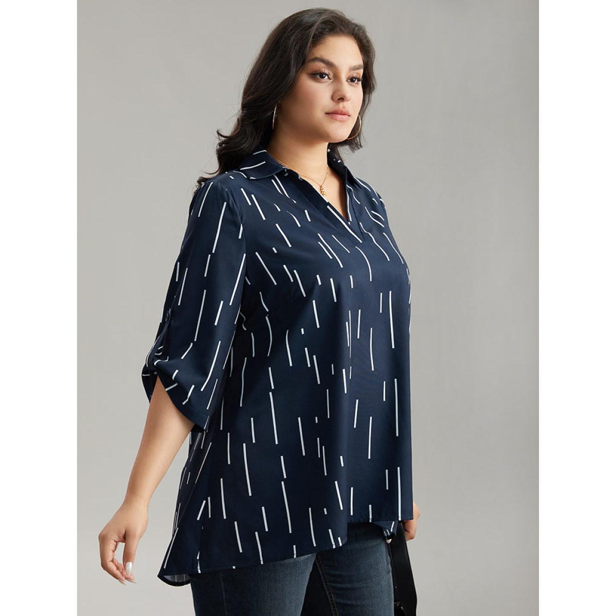 Plus Size Indigo Geometric Shirt Collar Roll Tab Sleeve Blouse Women Office Elbow-length sleeve Shirt collar Work Blouses BloomChic 26/4X Product Image