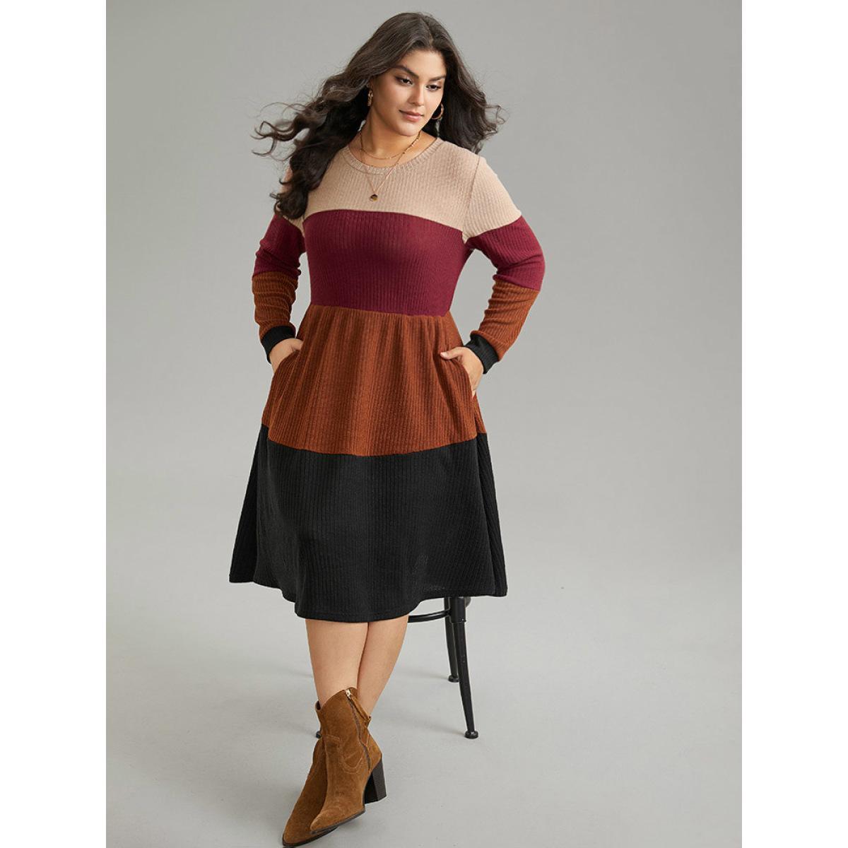 Plus Size Colorblock Rib Knit Pocket Patchwork Dress Multicolor Women Casual Rib Knit Round Neck Long Sleeve Curvy Knee Dress BloomChic 30/6X Product Image