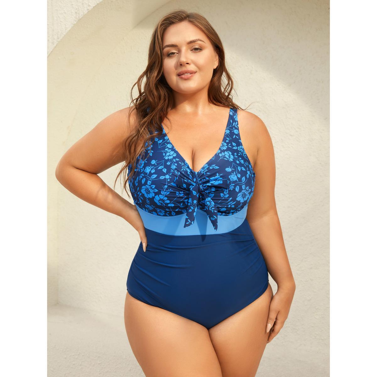 Plus Size Floral Front-Knot One-Piece Swimsuit Women's Swimwear Indigo Beach Gathered Curve Bathing Suits High stretch One Pieces BloomChic 30/6X Product Image