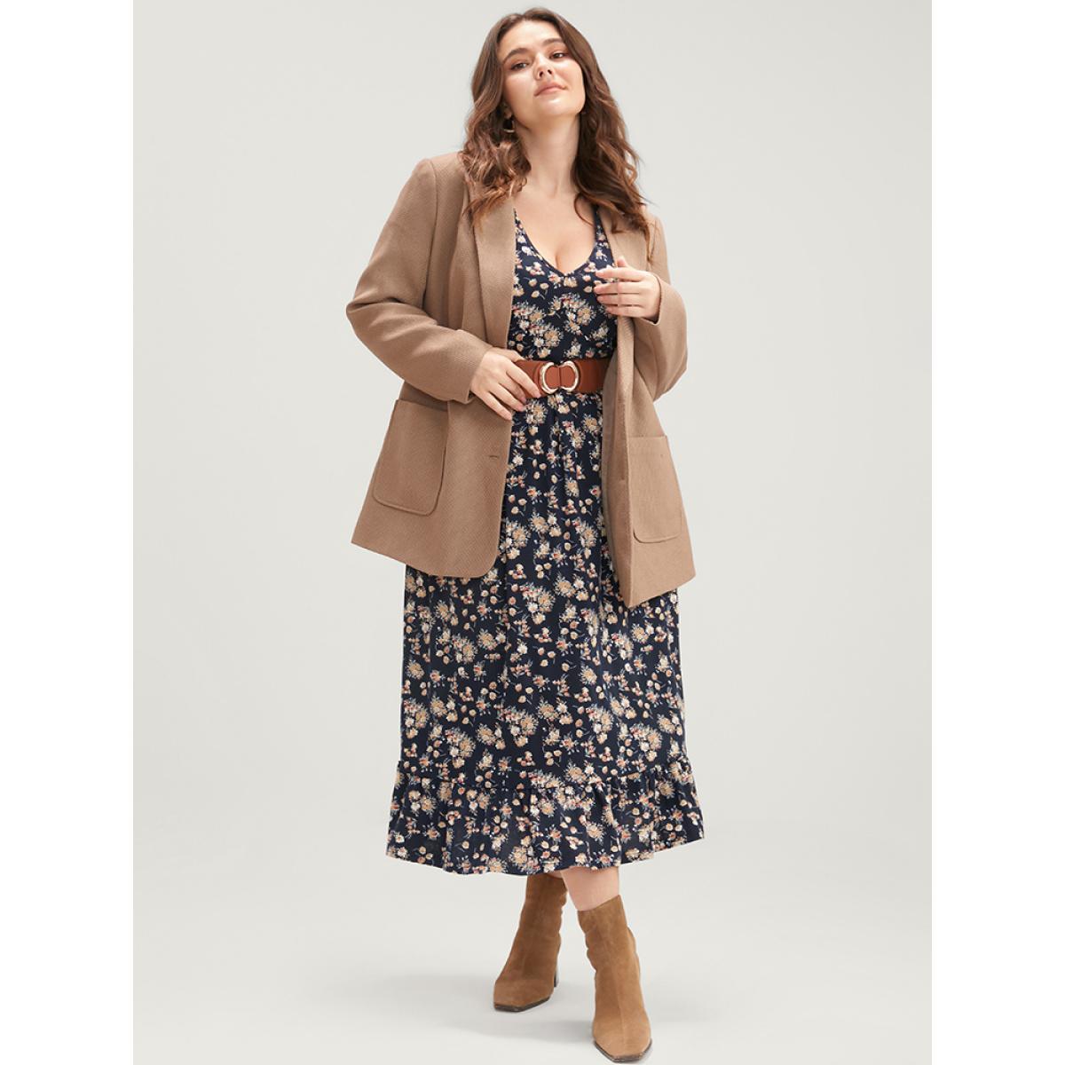 Plus Size Ditsy Floral Pocket Lantern Sleeve Shirred Flutter Dress Indigo Women Elegant Elastic Waist V-neck Long Sleeve Curvy Midi Dress BloomChic 12/L Product Image