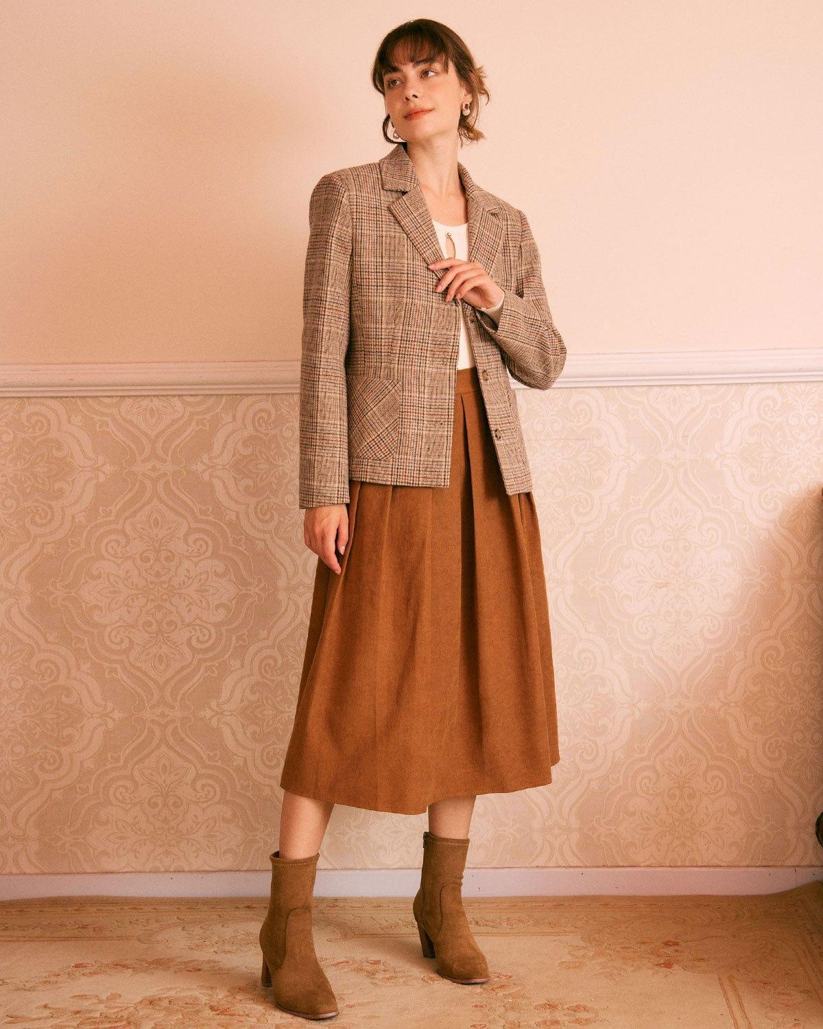 The Khaki Lapel Plaid Single Breasted Blazer Product Image
