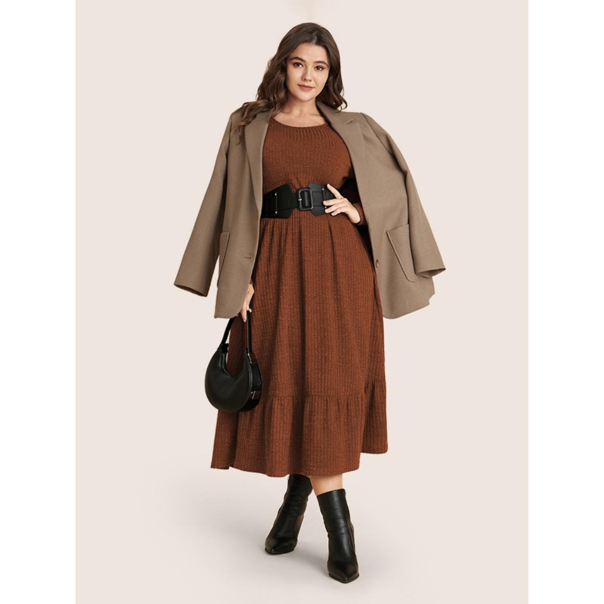 Plus Size Solid Pocket Rib Knit Ruffle Hem Dress Without Belt Stone Women Basics Non Round Neck Long Sleeve Curvy Midi Dress BloomChic 30/6X Product Image