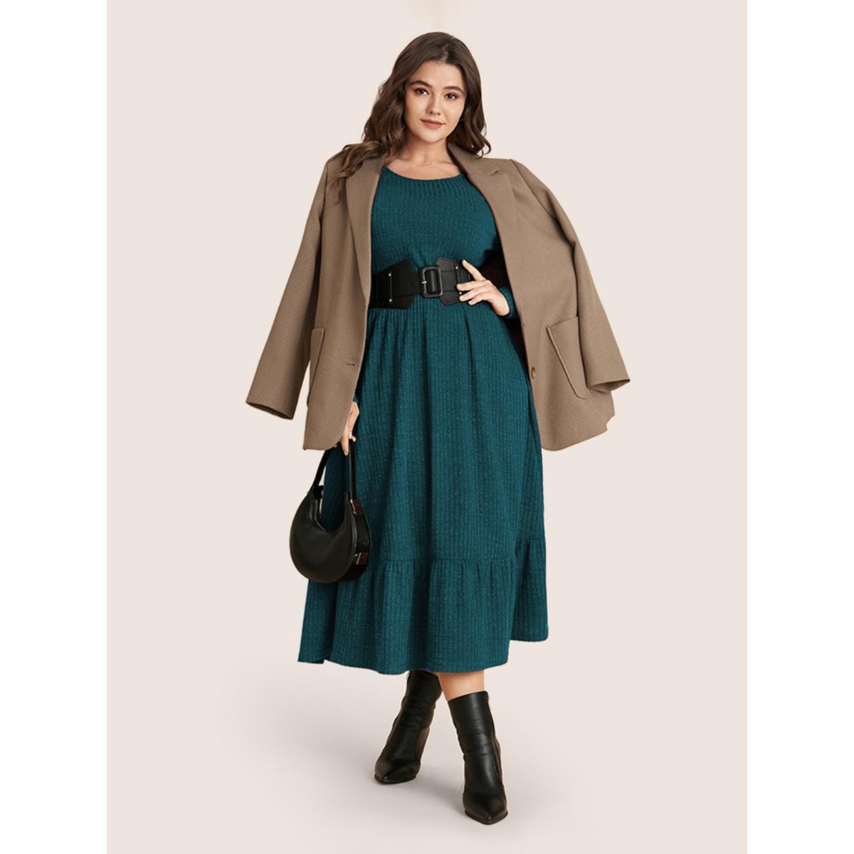 Plus Size Solid Pocket Rib Knit Ruffle Hem Dress Without Belt ArmyGreen Women Basics Non Round Neck Long Sleeve Curvy Midi Dress BloomChic 14-16/1X Product Image
