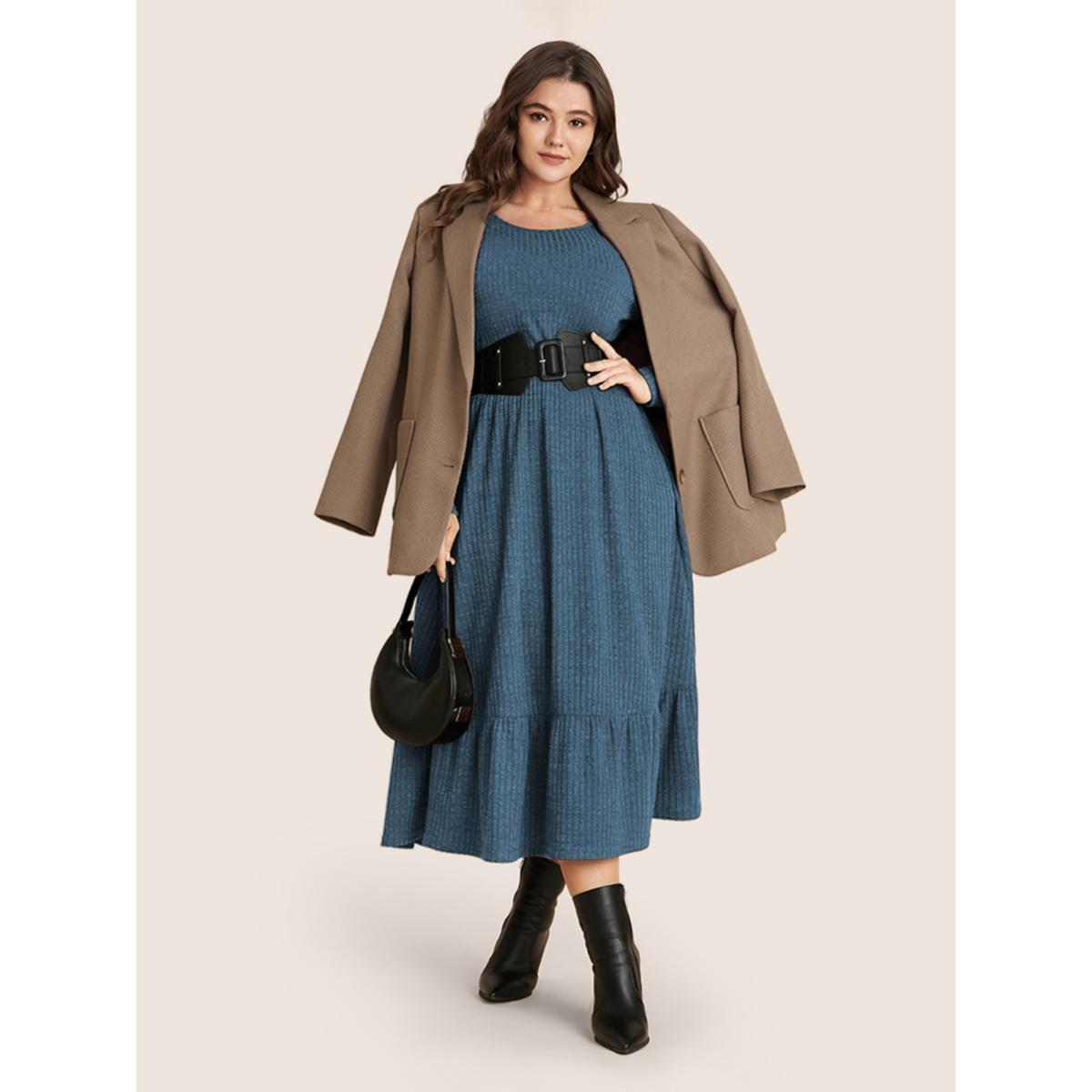 Plus Size Solid Pocket Rib Knit Ruffle Hem Dress Without Belt Stone Women Basics Non Round Neck Long Sleeve Curvy Midi Dress BloomChic 30/6X Product Image