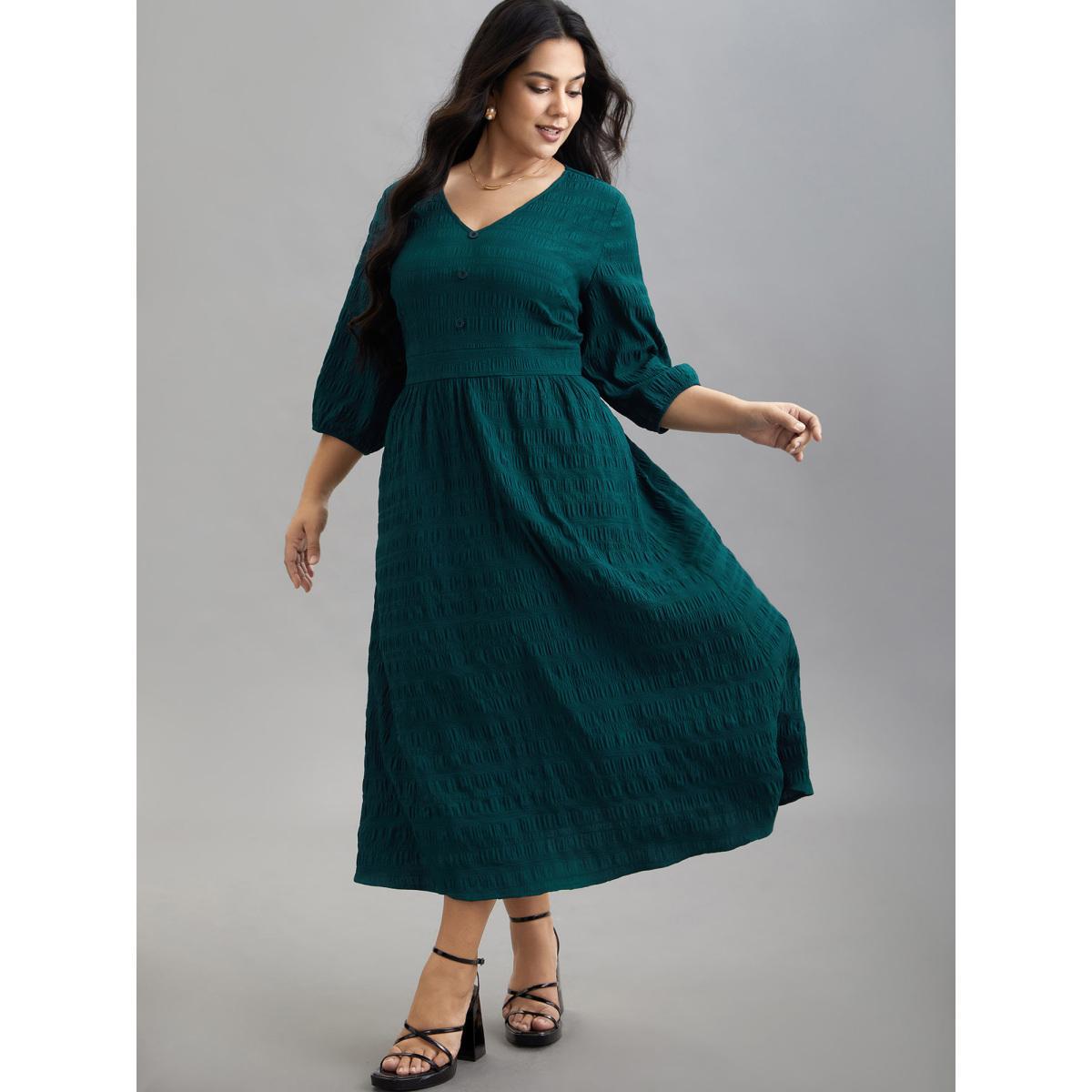 Plus Size Textured Waist-Defined Button Midi Dress Emerald Women Elegant Texture V-neck Elbow-length sleeve Curvy BloomChic 14-16/1X Product Image