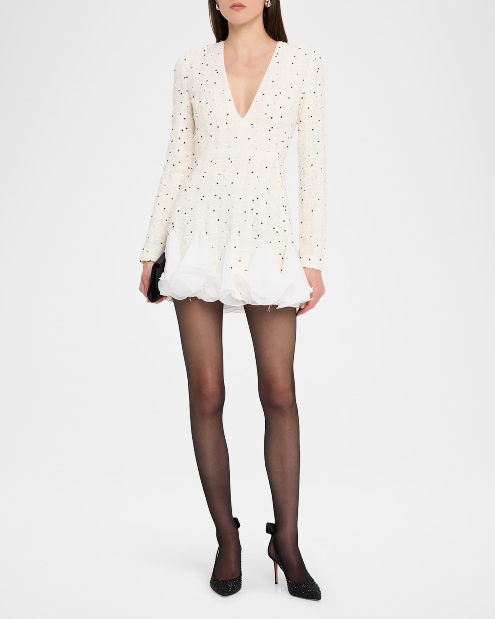 Polka-Dot Boucle Long-Sleeve Godet Mini Dress Product Image
