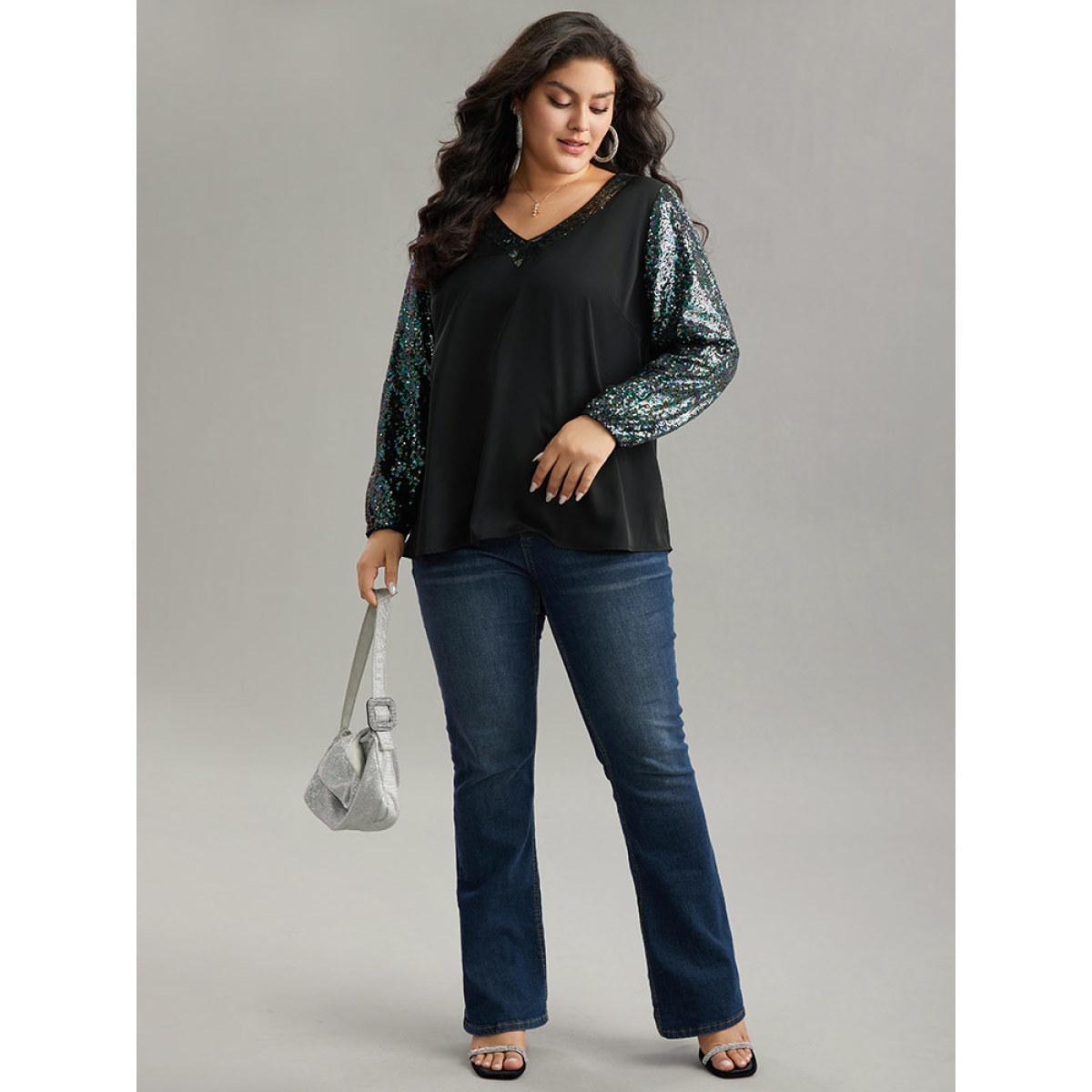 Plus Size Black Sequin Patchwork V Neck Blouse Women Glamour Long Sleeve V-neck Going out Blouses BloomChic 28/5X Product Image
