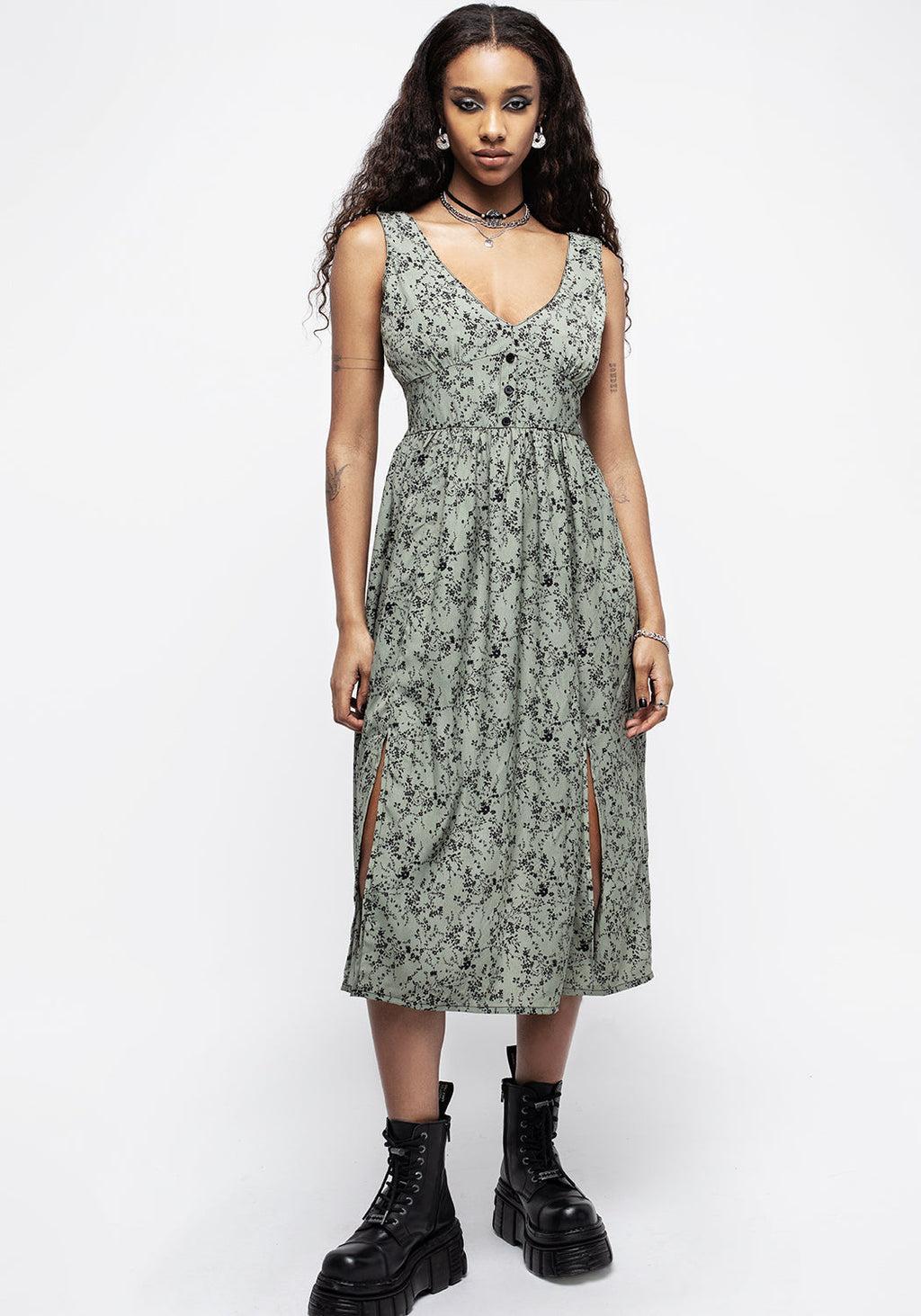 Cassie Green Floral Corset Button Midi Split Dress Product Image