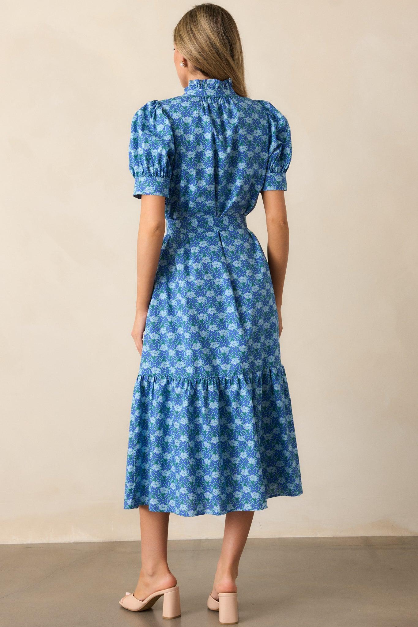 Orchid Waters Cotton Blue Floral Button Front Midi Dress Product Image