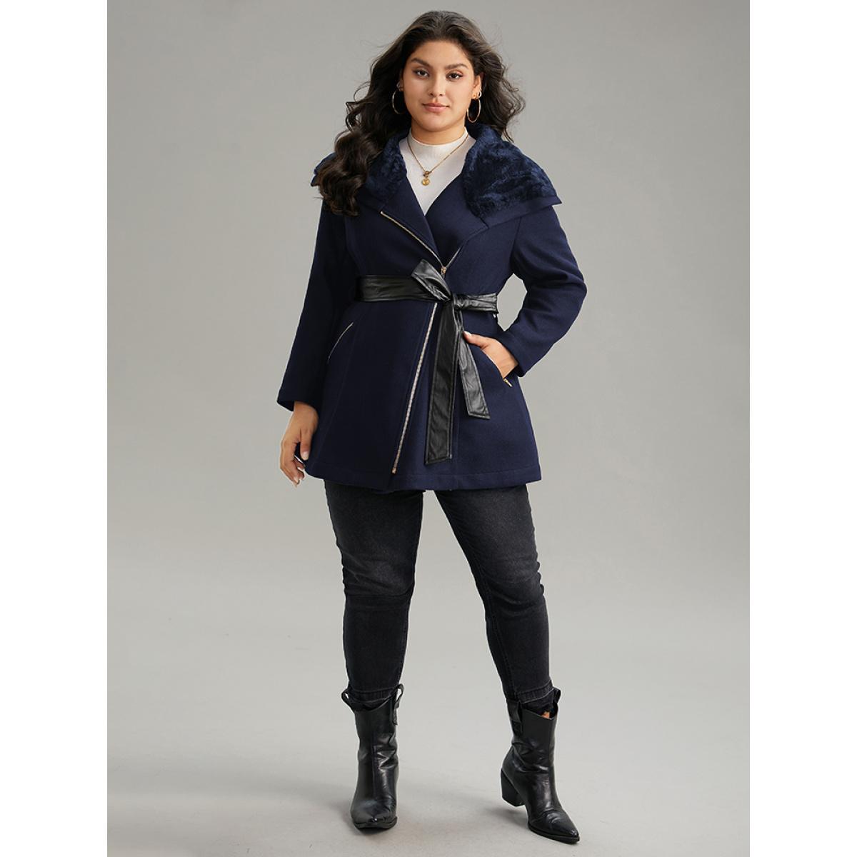 Plus Size Solid Zipper Belted PU Leather Knot Fuzzy Trim Coat Women Indigo Casual Plain Ladies Dailywear Winter Coats BloomChic 12/L Product Image