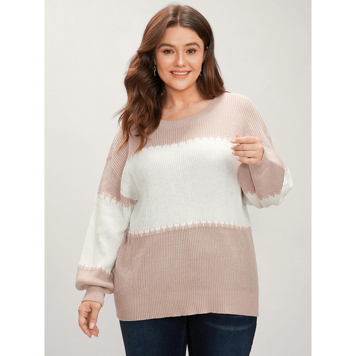 Plus Size Colorblock Contrast Pointelle Knit Lantern Sleeve Round Neck Knit Top DustyPink Women Casual Loose Long Sleeve Round Neck Dailywear Pullovers BloomChic 12/L Product Image