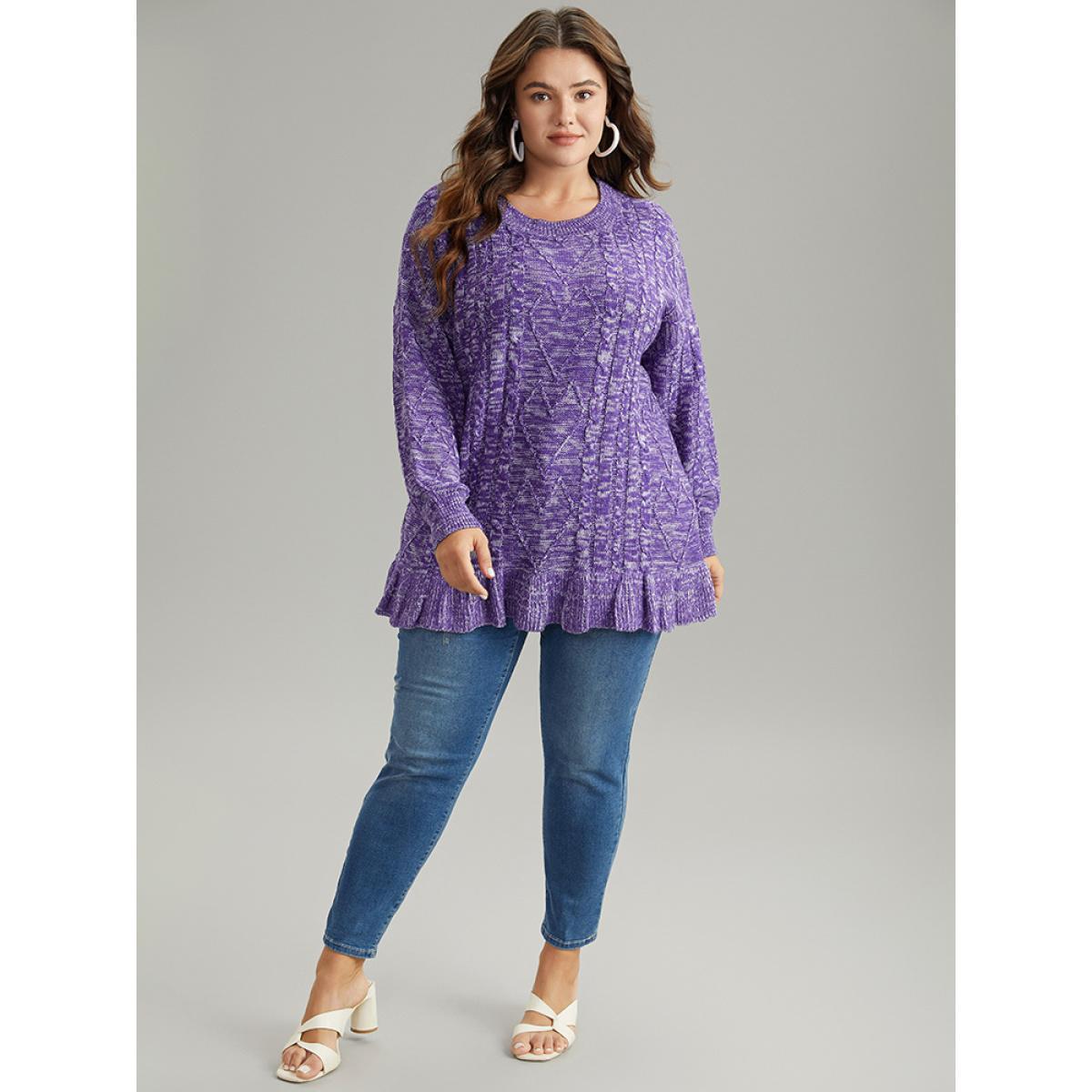 Plus Size Heather Flutter Hem Cable Knit Pullover BlueViolet Women Casual Loose Long Sleeve Round Neck Dailywear Pullovers BloomChic 10/M Product Image