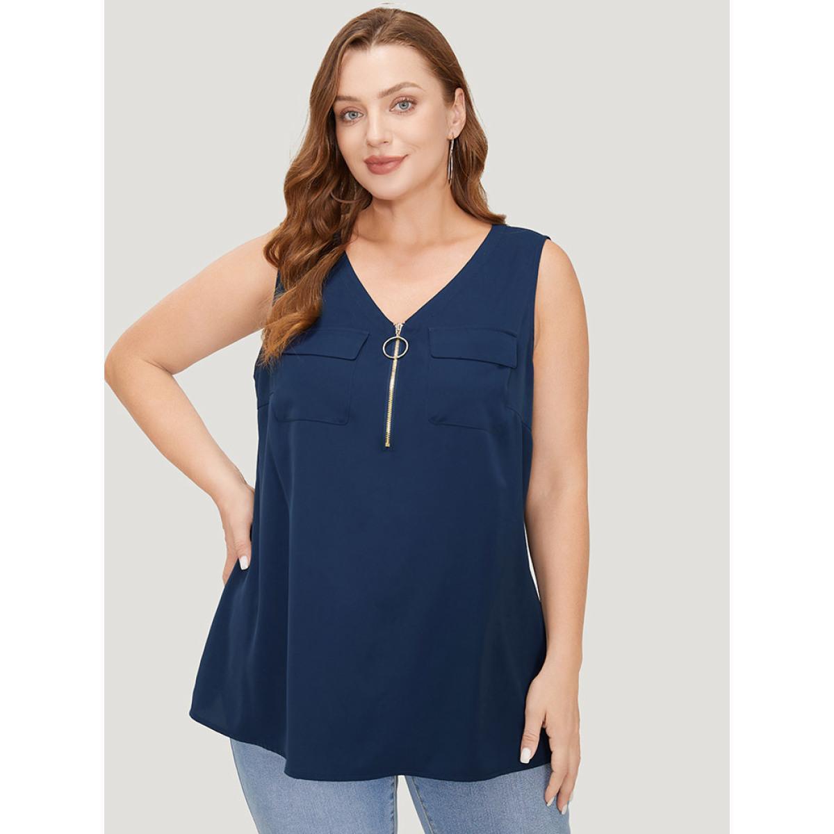 Plus Size Solid Half Zipper Flap Detail Tank Top Women Indigo Casual Zipper V-neck Dailywear Tank Tops Camis BloomChic 30/6X Product Image