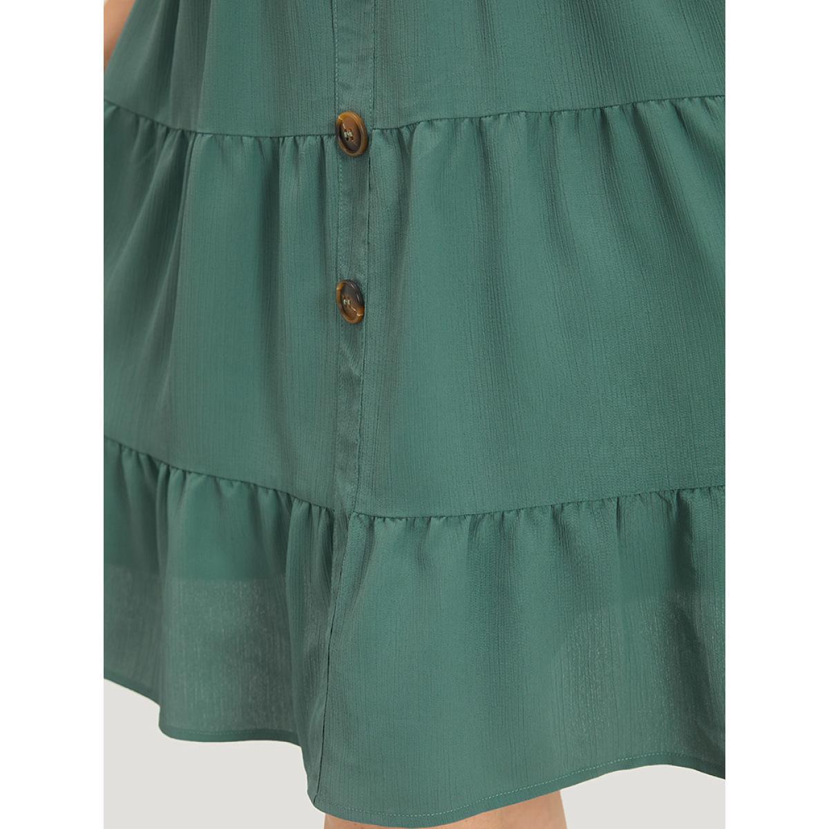 Plus Size Plain Button Detail Ruffle Layered Hem Gathered Tank Dress Teal Women Elegant Patchwork V-neck Sleeveless Curvy Knee Dress BloomChic 22-24/3X Product Image