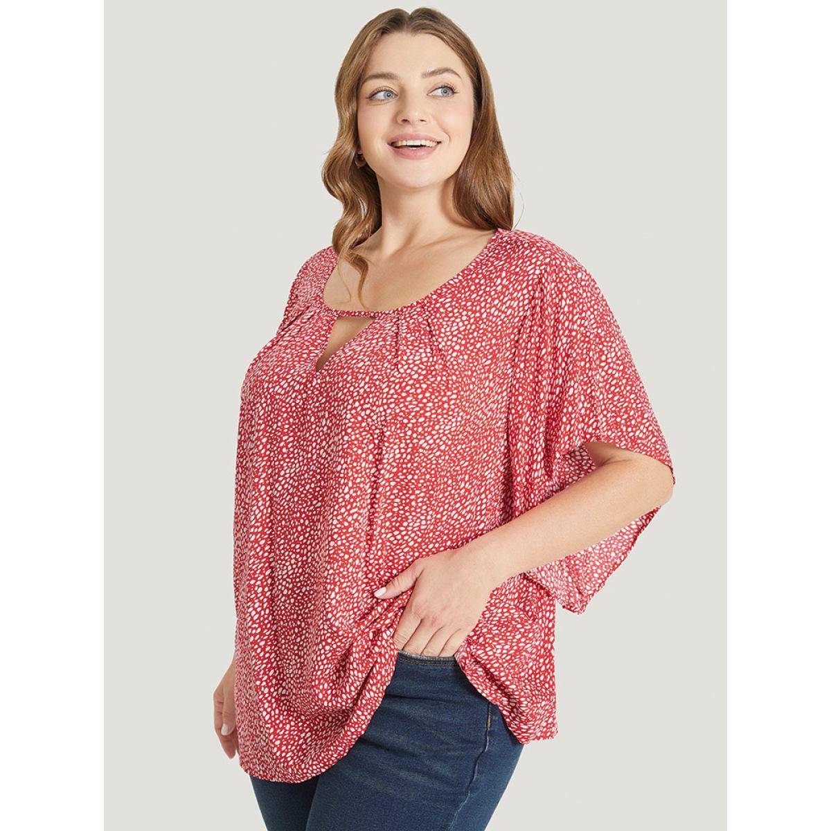 Plus Size Scarlet Polka Dot Ruffle Sleeve Keyhole Neck Blouse Women Elegant Short sleeve Round Neck Dailywear Blouses BloomChic 30/6X Product Image