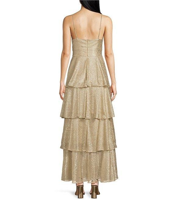 Skies Are Blue Lurex Metallic Shimmer Sweetheart Neck Sleeveless Tiered Maxi Dress Product Image