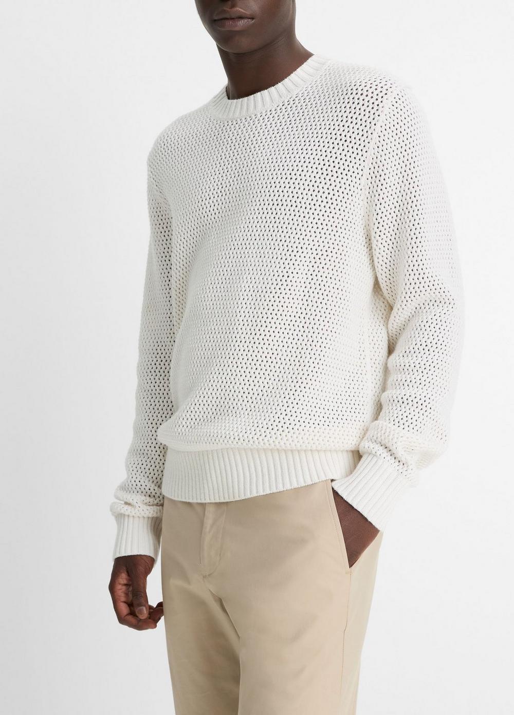Mens Mesh-stitch Cotton-Cashmere Crew Neck Sweater, Optic White, Size L Vince Product Image