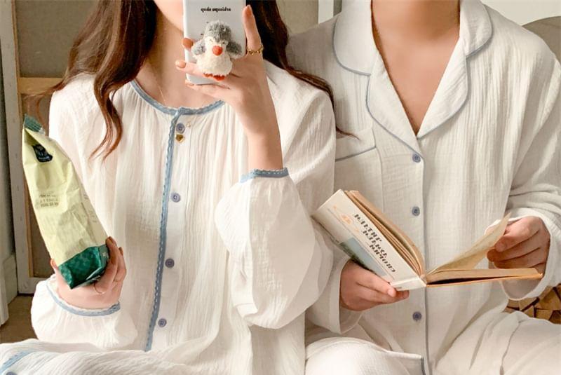 Couple Matching Contrast Trim Pajama Dress / Long-Sleeve Pajama Set Product Image