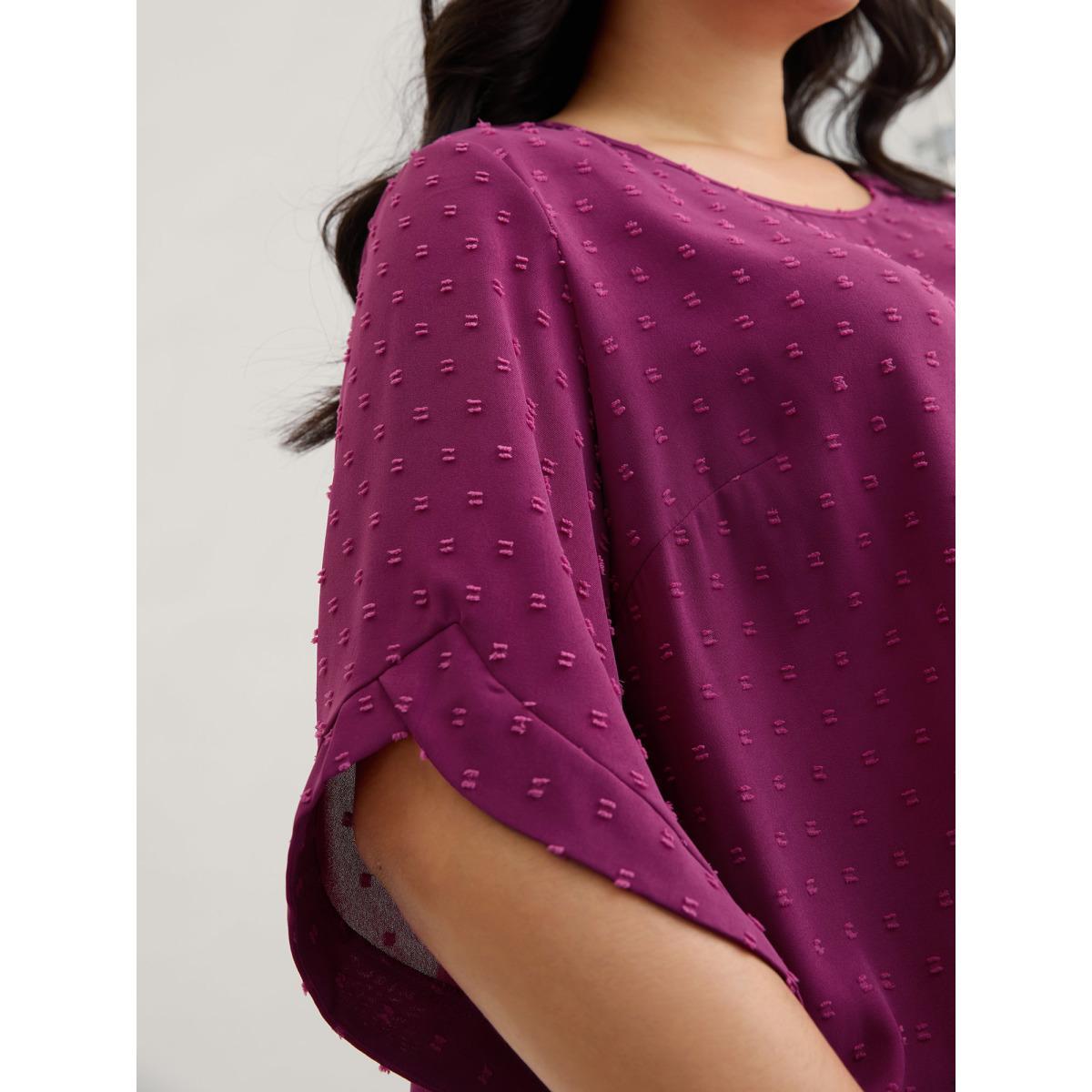 Plus Size RedViolet Textured Round Neck Bell Sleeve Blouse Women Elegant Elbow-length sleeve Round Neck Everyday Blouses BloomChic 26/4X Product Image