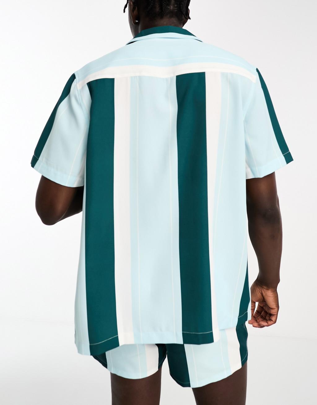 ASOS DESIGN relaxed revere stripe shirt in blue - part of a set Product Image