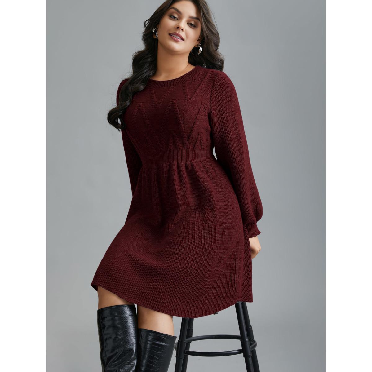 Plus Size Cable Knit Elastic Waist Midi Sweater Dress Deepred Women Elegant Bodycon Long Sleeve Everyday Sweater Dresses BloomChic 30/6X Product Image