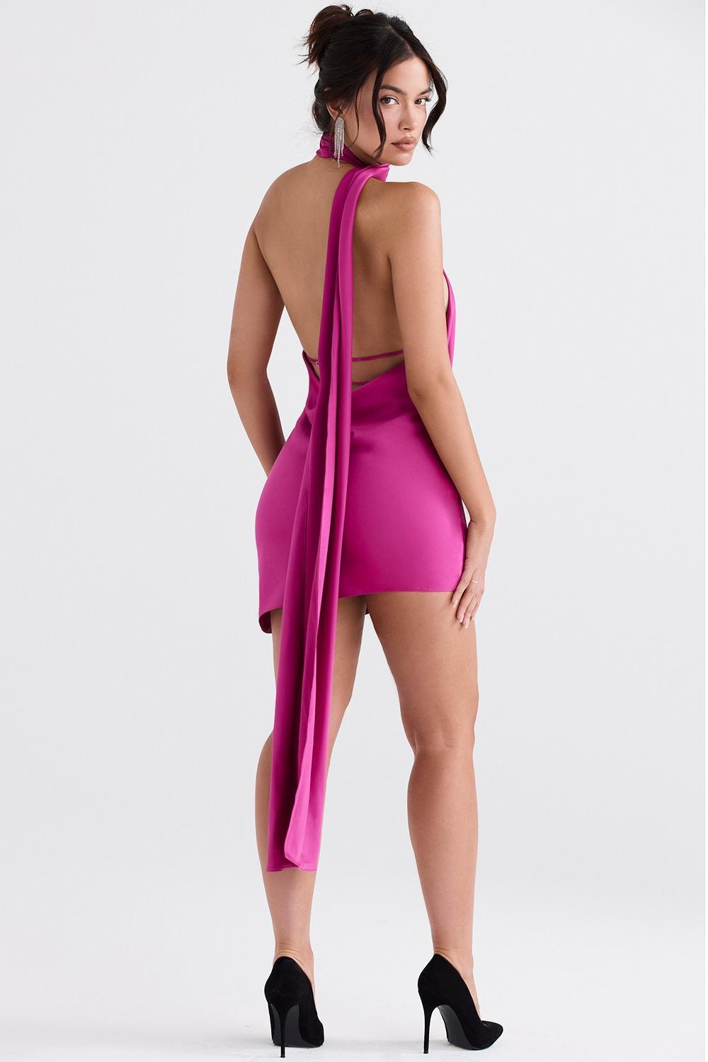 Aida Hot Pink Asymmetric Wrap Neck Dress Product Image