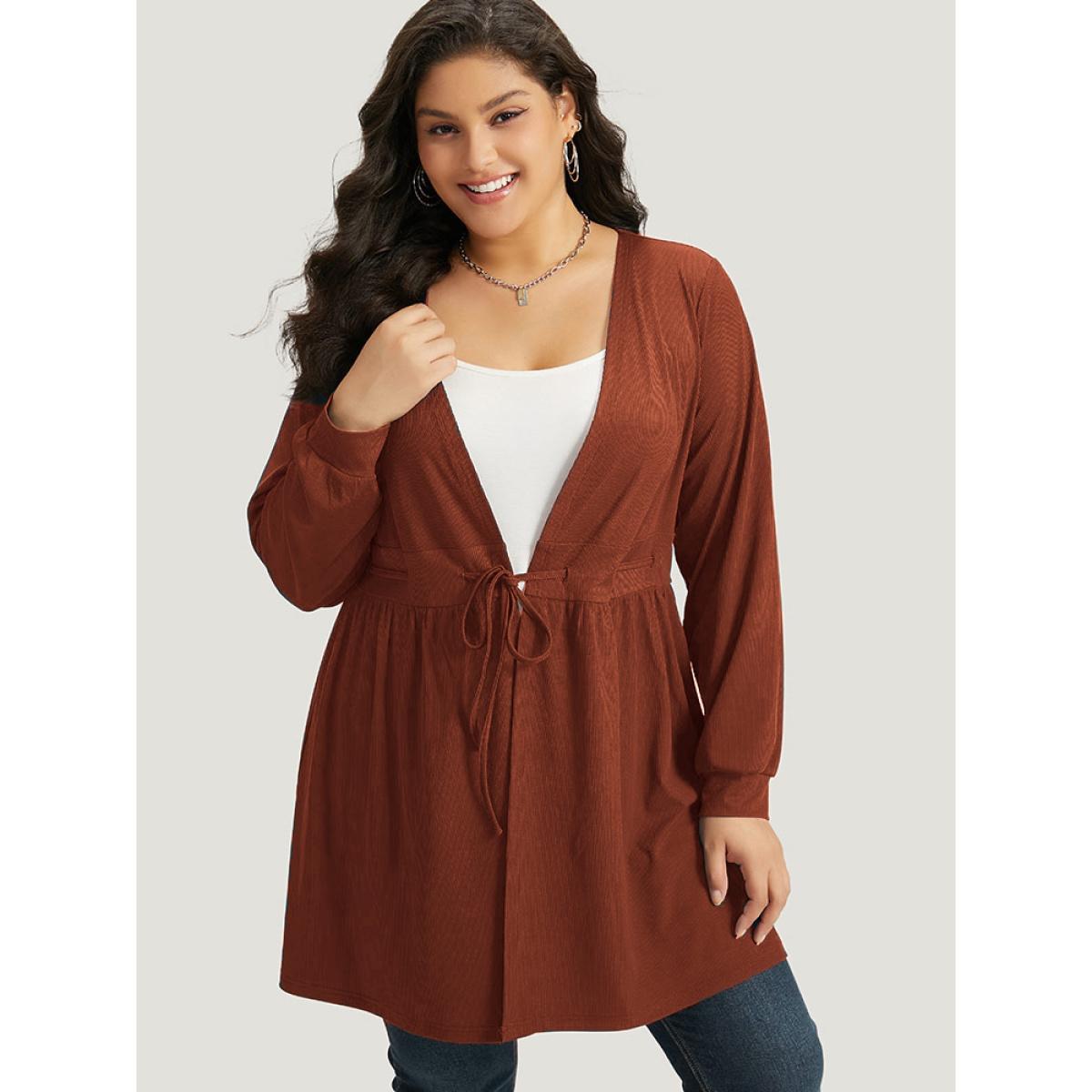 Plus Size Plain Drawstring Knot Gathered Open Front Coat Women Cyan Casual Plain Dailywear Kimonos BloomChic 10/M Product Image