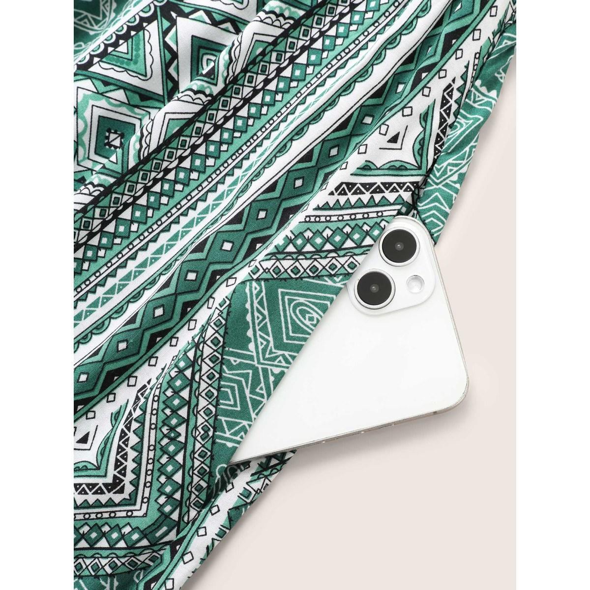 Plus Size Bandana Print Shirred Patchwork Hem Maxi Dress Emerald Women Resort V-neck Short sleeve Curvy BloomChic 10/M Product Image