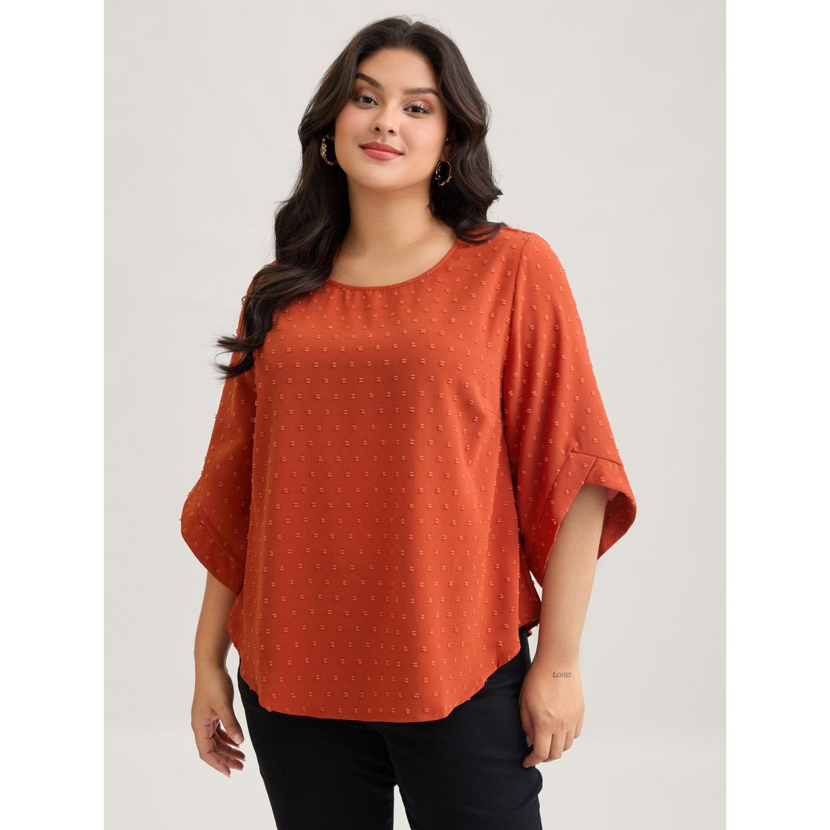 Plus Size OrangeRed Textured Round Neck Bell Sleeve Blouse Women Elegant Elbow-length sleeve Round Neck Everyday Blouses BloomChic 14-16/1X Product Image