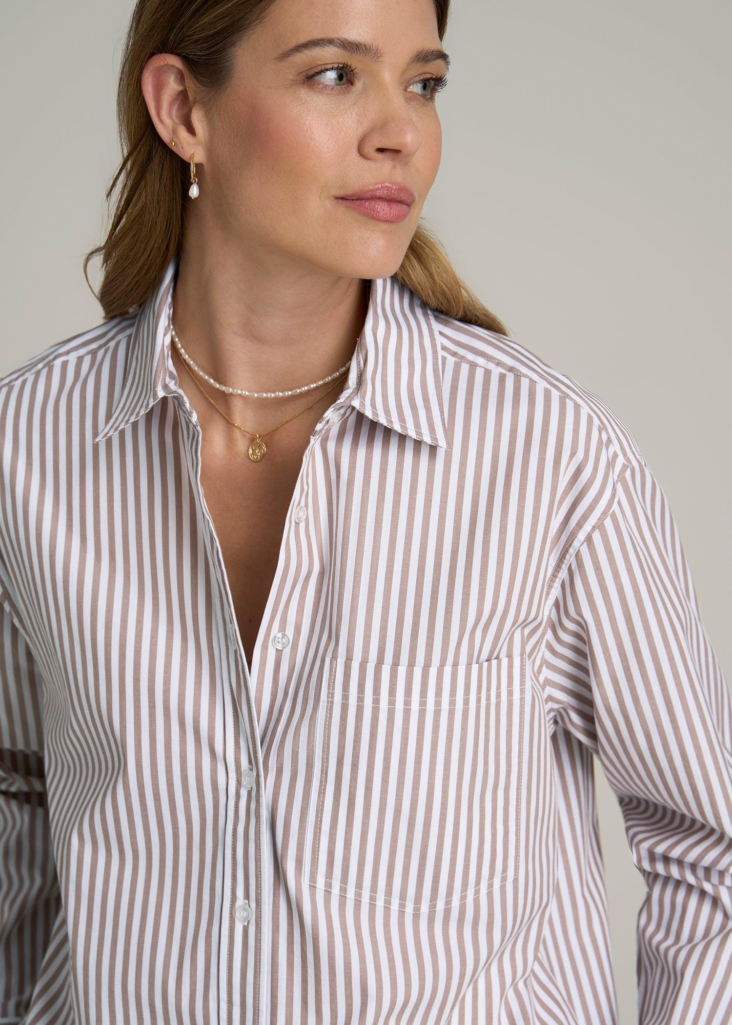 Relaxed Poplin Button-Up Shirt for Tall Women in Brown and White Stripe Product Image