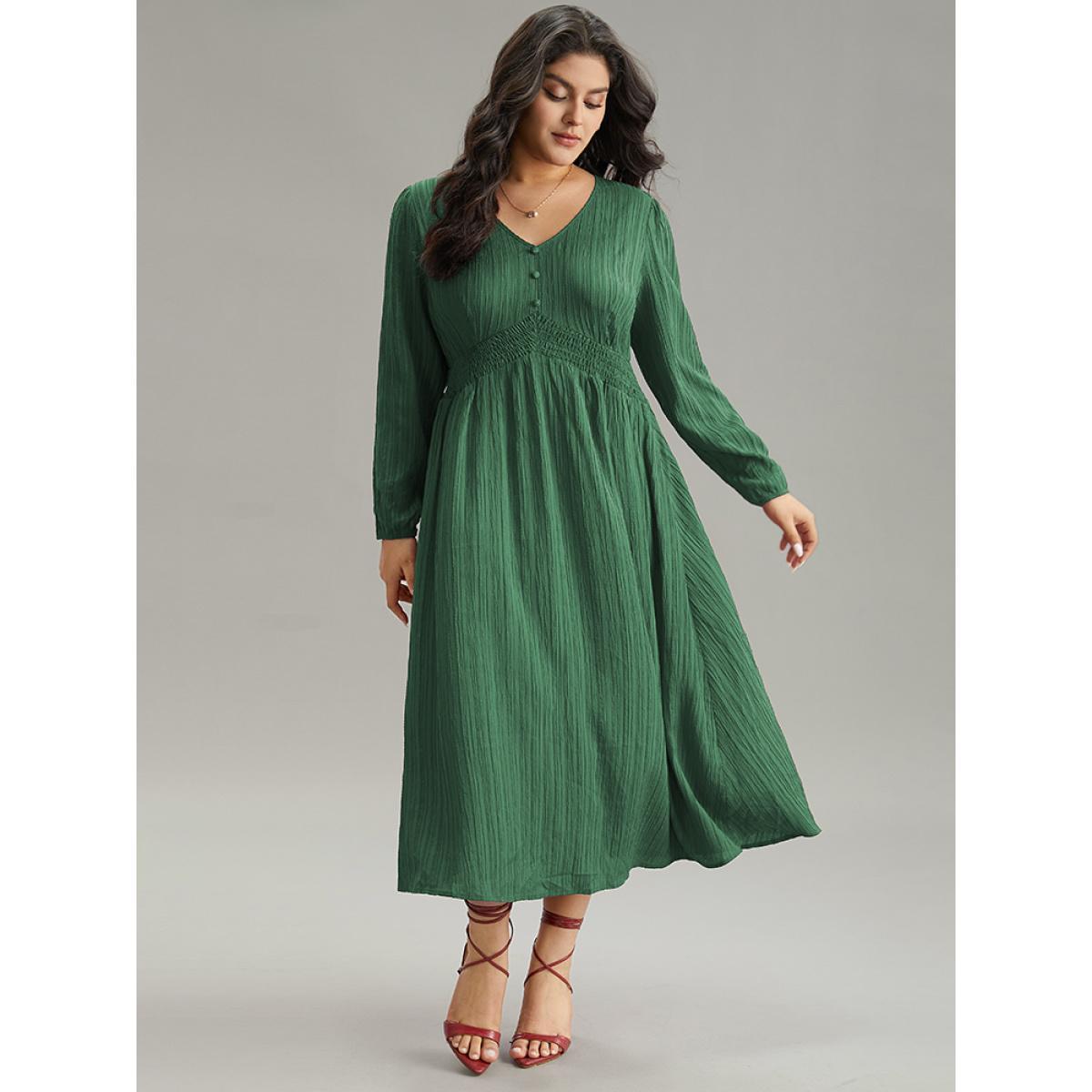 Plus Size Solid Plisse Button Detail Shirred Dress DarkGreen Women Elegant Elastic cuffs V-neck Long Sleeve Curvy Midi Dress BloomChic 28/5X Product Image
