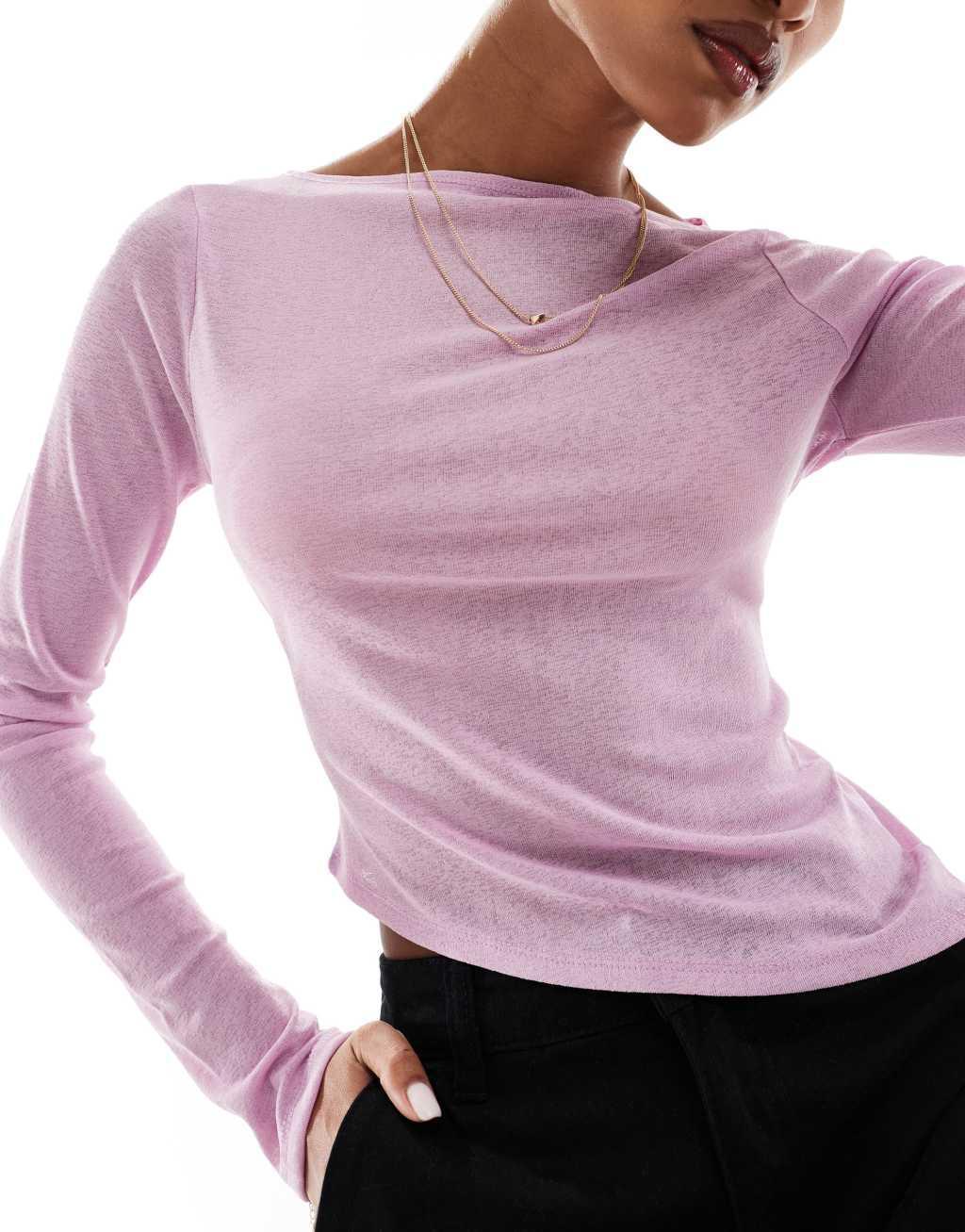 ASOS DESIGN mesh top with asymmetric hem in pink Product Image