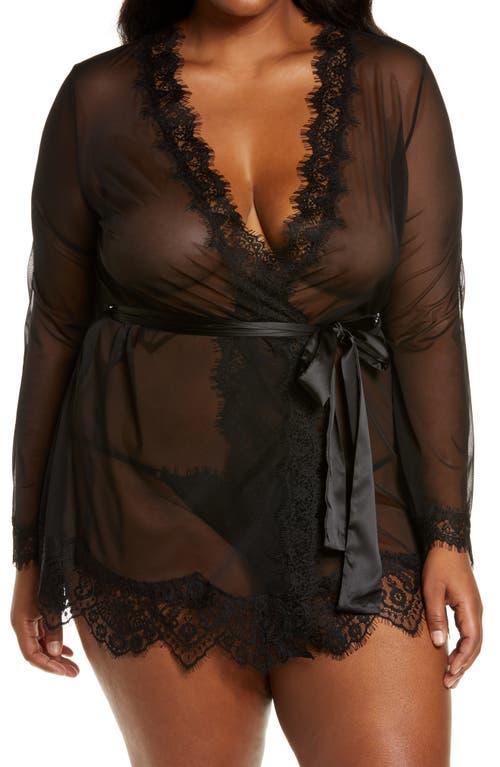 Plus Size Oh La La Cheri Provence Eyelash Lace Robe & G-String Set 94-11136X, Women's, Size: 3XL-4XL, White Product Image