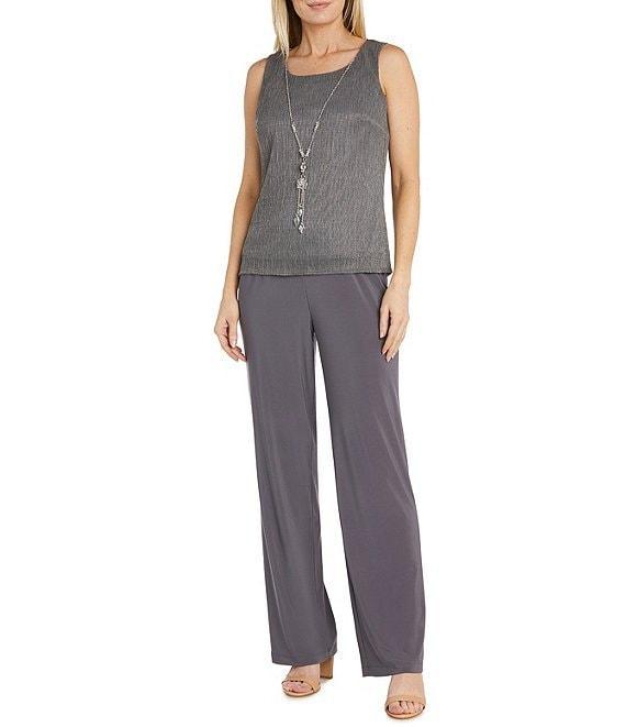 R & M Richards Pleated Crinkle Metallic Scoop Neck 3/4 Sleeve 2-Piece Pant Set Product Image