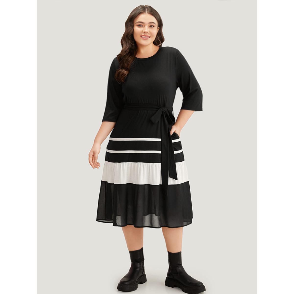 Plus Size Colorblock Contrast Belted Ruffle Layered Hem Dress Black Women Casual See through Round Neck Elbow-length sleeve Curvy Midi Dress BloomChic 26/4X Product Image
