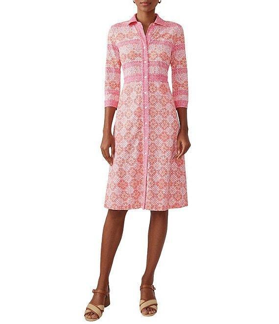J.McLaughlin Kailyn Printed Knit Point Collar 3/4 Sleeve Button Front Dress Product Image