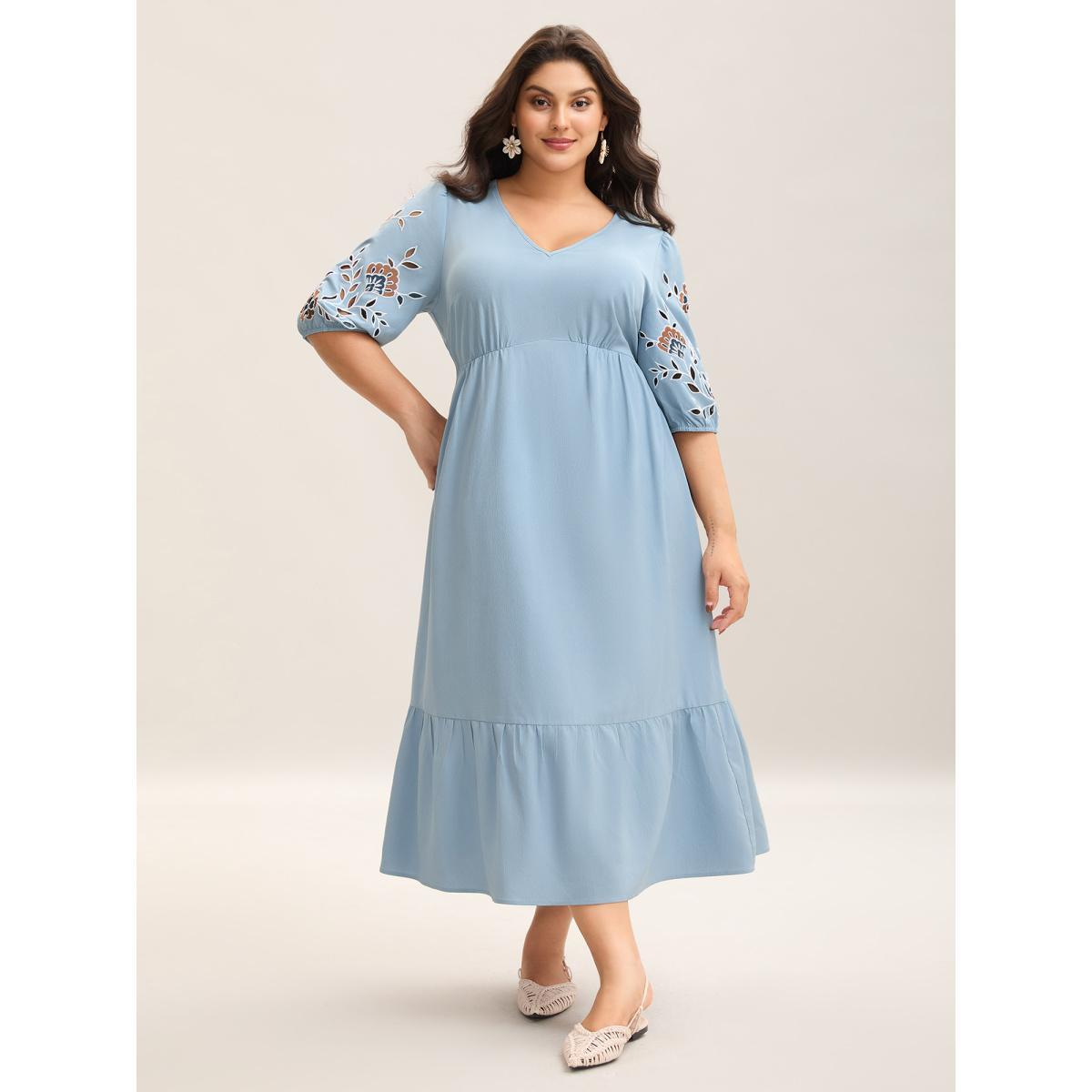 Plus Size Cut-Out Embroidery Stretchy Waist Midi Dress Skyblue Women V-neck Half Sleeve Curvy BloomChic 14-16/1X Product Image