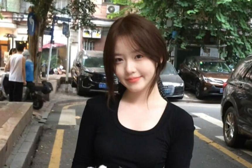 Long-Sleeve U-Neck Plain Top Product Image
