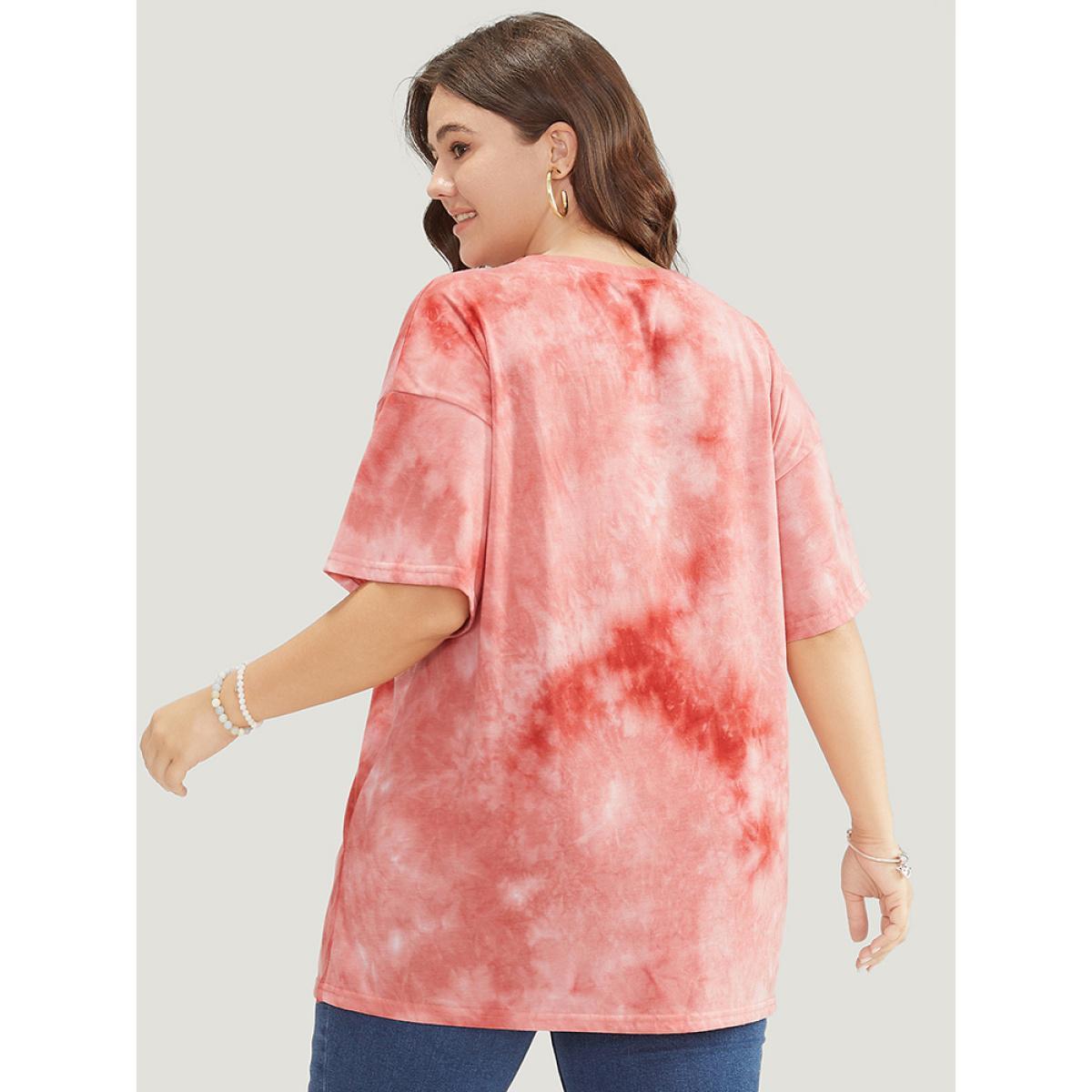 Plus Size Slogan & Floral Crew Neck Short Sleeve Tie Dye T-shirt Coral Women Casual Printed Natural Flowers Dailywear T-shirts BloomChic 12/L Product Image