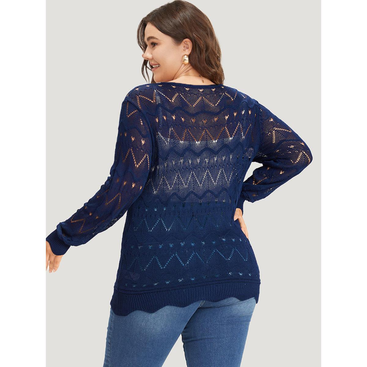 Plus Size Geometric Eyelet Scalloped Trim Drop Shoulder Pullover Indigo Women Casual Loose Long Sleeve Round Neck Dailywear Pullovers BloomChic 14-16/1X Product Image